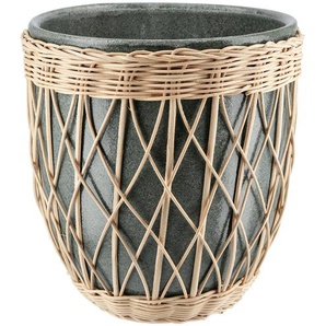 Übertopf mit Rattangeflecht - grün - Steingut, Rattan - 22,5 cm - [21.3] | Möbel Kraft