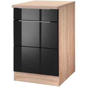 Unterschrank KOCHSTATION KS-Brindisi, schwarz (schwarz hochglanz, eichefarben), B:50cm H:85cm T:60cm, MDF, Holzwerkstoff, Schränke, 50 cm breit