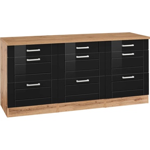 Unterschrank KOCHSTATION KS-Tinnum, schwarz, B:180cm H:85cm T:60cm, Holzwerkstoff, Schränke, 180 cm breit, Metallgriffe, MDF Fronten, mit 3 Schubkästen, 6 Auszüge