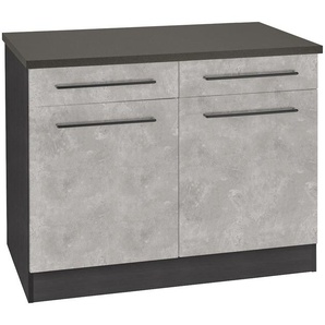 Unterschrank KOCHSTATION KS-Tulsa Schränke Gr. B/H/T: 100cm x 85cm x 60cm, 2 St., grau (betonfarben hell) 100 cm breit, 2 Schubkästen, Türen, schwarzer Metallgriff, MDF Front