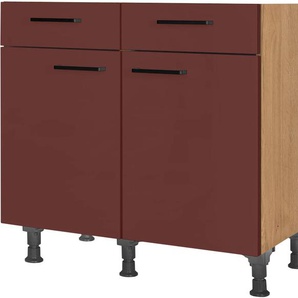 Unterschrank NOBILIA Easytouch, vormontiert, Breite 90 cm, Soft-Close-Funktion Schränke Gr. B/H/T: 90cm x 87cm x 58,3cm, 2 St., rot (front: lacklaminat rostrot ultramatt, korpus: eiche sierra nachbildung) bei den Schubkästen, inkl. höhenverstellbare