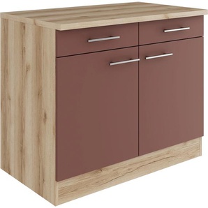 Unterschrank OPTIFIT Bella Schränke Gr. B/H/T: 100 cm x 84,8 cm x 60 cm, 2 St., rot (rostrot, wildeiche, wildeiche) Breite 100 cm, mit 2 Türen und Schubkästen