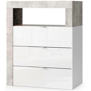 Unterschrank WELLTIME Hamburg Höhe 78 cm, Breite 64 Badkommode mit 3 Schübkästen Schränke Gr. B/H/T: 64cm x 78cm x 35cm, Komplettausführung, weiß (weiß / beton-optik) Badezimmerschrank, dekorativer Rahmen, offenes Fach, Metallgriffe