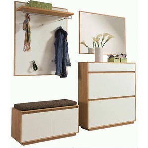 Xxxl Garderobe, Weiß, Eiche, Hellbraun, Holz, Glas, Textil, Holzwerkstoff, 5-teilig, Eiche, teilmassiv, 200x195x40 cm, Goldenes M, Made in Germany, DGM-Klimapakt, Garderobe, Garderoben-Sets