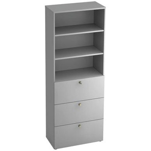 Venda Regalelement, Grau, Metall, 2 Fächer, 3 Schubladen, 80x215.6x42 cm, Fsc, DIN EN ISO 14001, Typenauswahl, Arbeitszimmer, Büroregale, Bücherregale