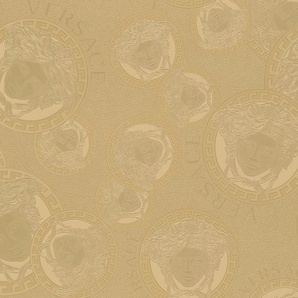 Versace Vliestapete Wallpaper Versace 5 Medusakopf Metallic, leicht strukturiert, glänzend, hochglänzend, metallic, (1 St), Designertapete Tapeten Wohnzimmer Schlafzimmer Küche modern Flur Optik