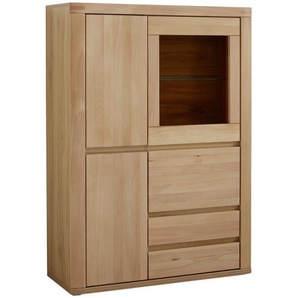 Voleo Highboard, Kernbuche, Holz, Glas, Holzwerkstoff, Kernbuche, massiv, 2 Holz + 1 Glas Fächer, 3 Schubladen, 99x140x38 cm, Beimöbel erhältlich, in verschiedenen Holzarten erhältlich, Wohnzimmer, Kommoden & Sideboards, Highboards