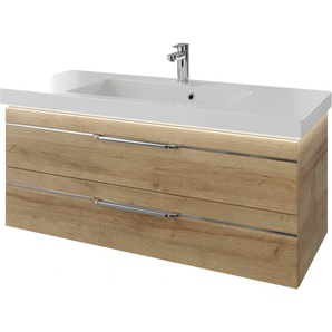 Waschtisch SAPHIR Serie Balto Mineralmarmor-Waschtisch mit Unterschrank, 123 cm breit Waschtische Gr. Griffe Chrom Glanz, LED, braun (riviera eiche quer nachbildung + riviera nachbildung) Waschplatz mit 2 Schubladen, Badschrank in verschiedenen