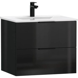 Waschtisch WELLTIME Athen Badezimmerschrank mit Softclose Funktion WC Bad 60 cm, schwarz (schwarz hochglanz, schwarz hochglanz), B:60cm H:50cm T:46cm, Holzwerkstoff, Waschtische, Waschplatz mit 2 Schubladen und Waschbecken Badmöbel Unterschrank