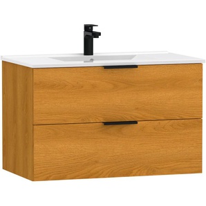 Waschtisch WELLTIME Athen Badschrank Badezimmer WC Unterschrank mit Becken Waschtische Gr. eckig, braun (eichefarben + eichefarben) Waschplatz mit 2 Schubladen, Breite 80cm Softclose Bad