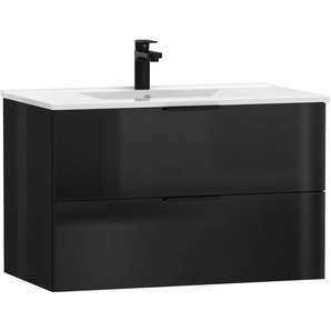 Waschtisch WELLTIME Athen Badschrank Badezimmer WC Unterschrank mit Becken, schwarz (schwarz, schwarz hochglanz), B:80cm H:50cm T:46cm, Waschtische, Waschplatz mit 2 Schubladen, Breite 80cm Softclose Bad