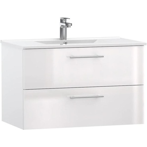 Waschtisch WELLTIME Athen Badschrank Badezimmer WC Unterschrank mit Becken Waschtische Gr. eckig, weiß (weiß, matt) Waschtische Waschplatz mit 2 Schubladen, Breite 80cm Softclose Bad