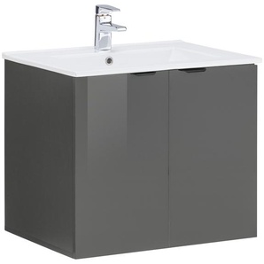 Waschtisch WELLTIME Lage Waschtische Gr. Viereck, grau (grau hochglanz, grau) Waschtische mit 2 Türen und einem Handwaschbecken aus Keramik, 61 cm breit