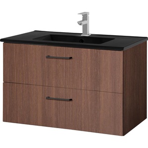 Waschtisch WELLTIME Trento Badezimmerschrank mit Becken Bestseller Waschtische Gr. Becken schwarz eckig, braun (cannello-eiche + cannello-eiche) Badmöbel in Breite 80 cm , Waschplatz mit 2 Schubladen, Badschrank