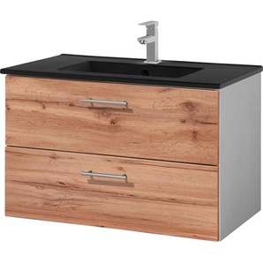 Waschtisch WELLTIME Trento Badezimmerschrank mit Becken Bestseller Waschtische Gr. Becken schwarz eckig, braun (wotaneiche + weiß) Badmöbel in Breite 80 cm , Waschplatz mit 2 Schubladen, Badschrank