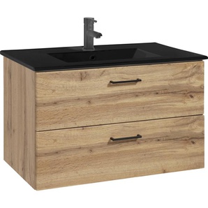 Waschtisch WELLTIME Trento Badezimmerschrank mit Becken Bestseller Waschtische Gr. Becken schwarz eckig, braun (wotaneiche + wotaneiche) Badmöbel in Breite 80 cm , Waschplatz mit 2 Schubladen, Badschrank