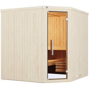 weka Sauna Element-Ecksauna VARBERG 3, BxTxH: 194 x 144 x 199 cm, 38 mm, vorgefertigte Elemente, moderne Ganzglastür