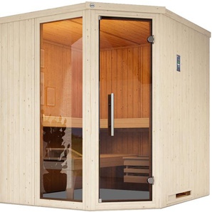 weka Sauna Element-Ecksauna VARBERG 3, BxTxH: 194 x 194 x 199 cm, 38 mm, vorgefertigte Elemente, moderne Ganzglastür, bodenl. Fensterelement