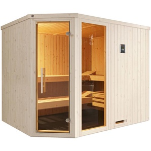 weka Sauna Element-Ecksauna VARBERG 4, BxTxH: 244 x 194 x 199 cm, 68 mm, vorgefertigte Elemente, Fensterelement, moderne Ganzglastür