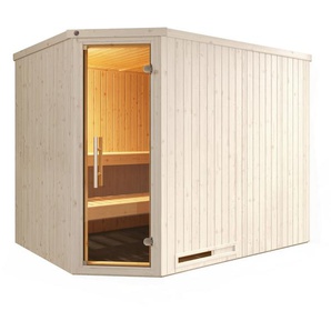 weka Sauna Element-Ecksauna VARBERG 4, BxTxH: 244 x 194 x 199 cm, 68 mm, vorgefertigte Elemente, moderne Ganzglastür