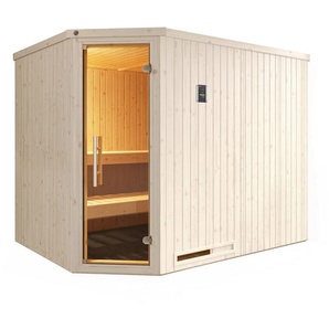 weka Sauna Element-Ecksauna VARBERG 4, BxTxH: 244 x 194 x 199 cm, 68 mm, vorgefertigte Elemente, moderne Ganzglastür