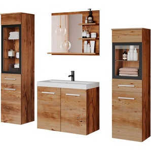 welltime Badmöbel-Set MADRIT, (Komplett-Set, 4-St., mit Waschbecken), Waschtisch inkl. Waschbecken, Badschrank, Hochschrank, Spiegel