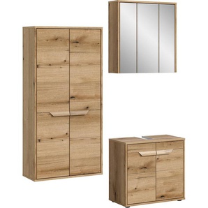 welltime Badmöbel-Set Kayu, bestehend aus: Midischrank, Waschbeckenunterschrank, Spiegelschrank, hochwertige MDF Front mit Rillenfräsung, Bad, Bad Set