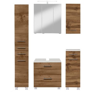 welltime Badmöbel-Set Trento, Badezimmer-Set, Hängeschrank, Unterschrank, Hochschrank, (5-St), Waschbeckenunterschrank, Spiegelschrank inkl. Aufbauleuchte