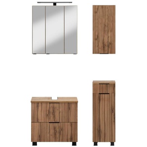 welltime Badmöbel-Set Trento, Badezimmer-Set, Waschbeckenunterschrank, Hängeschrank, (4-St), Unterschrank, Waschbeckenunterschrank, Spiegelschrank, Aufbauleuchte