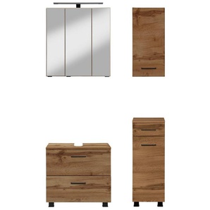 welltime Badmöbel-Set Trento, Badezimmer-Set, Waschbeckenunterschrank, Hängeschrank, (4-St), Unterschrank, Waschbeckenunterschrank, Spiegelschrank, Aufbauleuchte