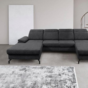 WERK2 Wohnlandschaft Slavio U-Form, Modernes U-Sofa mit Schlaffunktion, Bettkasten, Kopfteile verstellbar