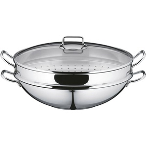 WMF Wok Macao Wokpfanne 36 cm, Induktion, Cromargan® Edelstahl Rostfrei 18/10 (Set, 4-tlg., 1 x Wok mit Glasdeckel, Dämpfeinsatz, Rezeptheft), für alle Herdarten geeignet, scharfes Anbraten bei hohen Temperaturen