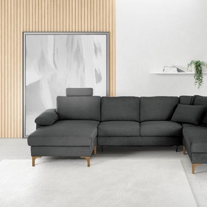 Wohnlandschaft 3C CANDY Lecce, wahlweise PUR-Schaumstoff oder Tonnentaschenfederkern U-Form Sofas Gr. B/H/T: 339 cm x 86 cm x 220 cm, Feincord, Longchair links, Sitzaufbau mit Tonnentaschenfederkern, schwarz Wohnlandschaften Bettkasten in Umbauecke und