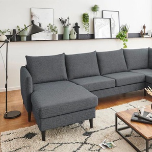 Wohnlandschaft ATLANTIC HOME COLLECTION Rekvik U-Form Sofas Gr. B/H: 308cm x 79cm, Struktur, Recamiere rechts, grau (anthrazit) mit Wellenunterfederung, Massivholzfüßen