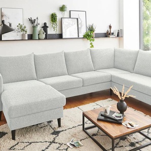 Wohnlandschaft ATLANTIC HOME COLLECTION Rekvik U-Form Sofas Gr. B/H: 308cm x 79cm, Struktur, Recamiere rechts, grau (hellgrau) mit Wellenunterfederung, Massivholzfüßen