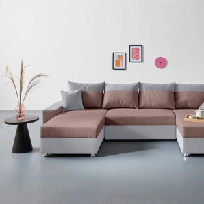 Wohnlandschaft COLLECTION AB Antalya U-Form Sofas Gr. B/H/T: 313cm x 42cm x 161cm, Samtoptik-Struktur, grau (hellgrau) mit Bettkasten und Bettfunktion, 2 Zierkissen inklusive