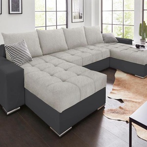 Wohnlandschaft COLLECTION AB Josy U-Form Sofas Gr. B/H/T: 313cm x 84cm x 161cm, Kunstleder SOFTLUX-Microfaser PRIMABELLE, Recamiere beidseitig montierbar, XL-mit Bettfunktion-mit Bettkasten, grau (schwarz/hellgrau) inkl. Bettfunktion, Bettkasten und