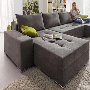 Wohnlandschaft COLLECTION AB Josy U-Form Sofas Gr. B/H/T: 313cm x 84cm x 161cm, Struktur, Recamiere beidseitig montierbar, mit Bettfunktion-mit Bettkasten-mit Federkern, grau inkl. Bettfunktion, Bettkasten und Zierkissen, mit 2 Recamieren