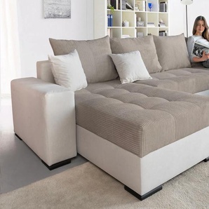 Wohnlandschaft COLLECTION AB Josy U-Form, grau (taupe), B:313cm H:84cm T:161cm, 100% Polyester, Sofas, mit Schlaffunktion, Bettkasten und Zierkissen, mit 2 Recamieren