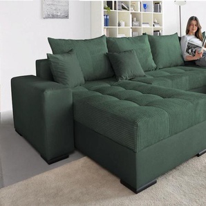 Wohnlandschaft COLLECTION AB Josy U-Form, grün (dunkelgrün), B:313cm H:84cm T:161cm, 100% Polyester, Sofas, mit Schlaffunktion, Bettkasten und Zierkissen, mit 2 Recamieren, Topseller