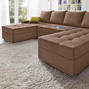 Wohnlandschaft COLLECTION AB Josy U-Form Sofas Gr. B/H/T: 313cm x 84cm x 161cm, Flachgewebe, Recamiere beidseitig montierbar, mit Bettfunktion-mit Bettkasten-mit Federkern, braun (dunkelbraun) inkl. Bettfunktion, Bettkasten und Zierkissen, mit 2