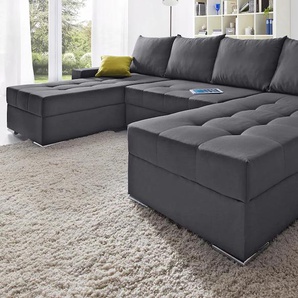 Wohnlandschaft COLLECTION AB Josy U-Form Sofas Gr. B/H/T: 313cm x 84cm x 161cm, Flachgewebe, Recamiere beidseitig montierbar, mit Bettfunktion-mit Bettkasten-mit Federkern, grau (anthrazit) inkl. Bettfunktion, Bettkasten und Zierkissen, mit 2 Recamieren