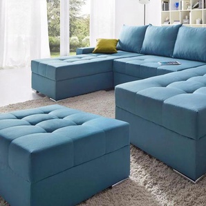 Wohnlandschaft COLLECTION AB Josy U-Form Sofas Gr. B/H/T: 313cm x 84cm x 161cm, Flachgewebe, Recamiere beidseitig montierbar, mit Bettfunktion und Bettkasten, blau inkl. Bettfunktion, Bettkasten und Zierkissen, mit 2 Recamieren