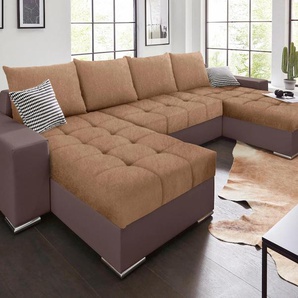 Wohnlandschaft COLLECTION AB Josy U-Form Sofas Gr. B/H/T: 313cm x 84cm x 161cm, Kunstleder SOFTLUX-Microfaser PRIMABELLE, Recamiere beidseitig montierbar, XL-mit Bettfunktion-mit Bettkasten, braun (braun/hellbraun) inkl. Bettfunktion, Bettkasten und