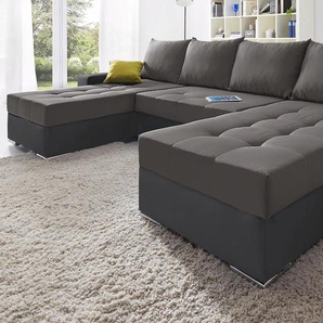 Wohnlandschaft COLLECTION AB Josy U-Form Sofas Gr. B/H/T: 313cm x 84cm x 161cm, Kunstleder SOFTLUX-Struktur, Recamiere beidseitig montierbar, mit Bettfunktion und Bettkasten, schwarz (schwarz/grau) inkl. Bettfunktion, Bettkasten und Zierkissen, mit 2