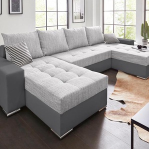 Wohnlandschaft COLLECTION AB Josy U-Form Sofas Gr. B/H/T: 313cm x 84cm x 161cm, Kunstleder SOFTLUX-Struktur, Recamiere beidseitig montierbar, XL-mit Bettfunktion und Bettkasten, grau (grau/silber) inkl. Bettfunktion, Bettkasten und Zierkissen, mit 2