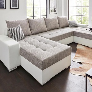 Wohnlandschaft COLLECTION AB Josy U-Form Sofas Gr. B/H/T: 313cm x 84cm x 161cm, Kunstleder SOFTLUX-Struktur, Recamiere beidseitig montierbar, XL-mit Bettfunktion und Bettkasten, grau (weiß/grau) inkl. Bettfunktion, Bettkasten und Zierkissen, mit 2