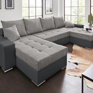 Wohnlandschaft COLLECTION AB Josy U-Form Sofas Gr. B/H/T: 313cm x 84cm x 161cm, Kunstleder SOFTLUX-Struktur, Recamiere beidseitig montierbar, XL-mit Bettfunktion und Bettkasten, schwarz (schwarz/grau) inkl. Bettfunktion, Bettkasten und Zierkissen, mit 2