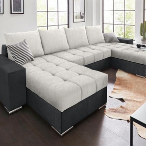 Wohnlandschaft COLLECTION AB Josy U-Form Sofas Gr. B/H/T: 313cm x 84cm x 161cm, Microfaser PRIMABELLE, Recamiere beidseitig montierbar, XL-mit Bettfunktion und Bettkasten, silberfarben (anthrazit/silber) inkl. Bettfunktion, Bettkasten und Zierkissen, mit