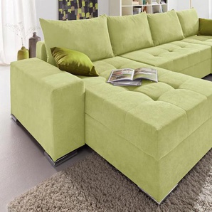 Wohnlandschaft COLLECTION AB Josy U-Form Sofas Gr. B/H/T: 313cm x 84cm x 161cm, Struktur, Recamiere beidseitig montierbar, mit Bettfunktion-mit Bettkasten-mit Federkern, grün inkl. Bettfunktion, Bettkasten und Zierkissen, mit 2 Recamieren